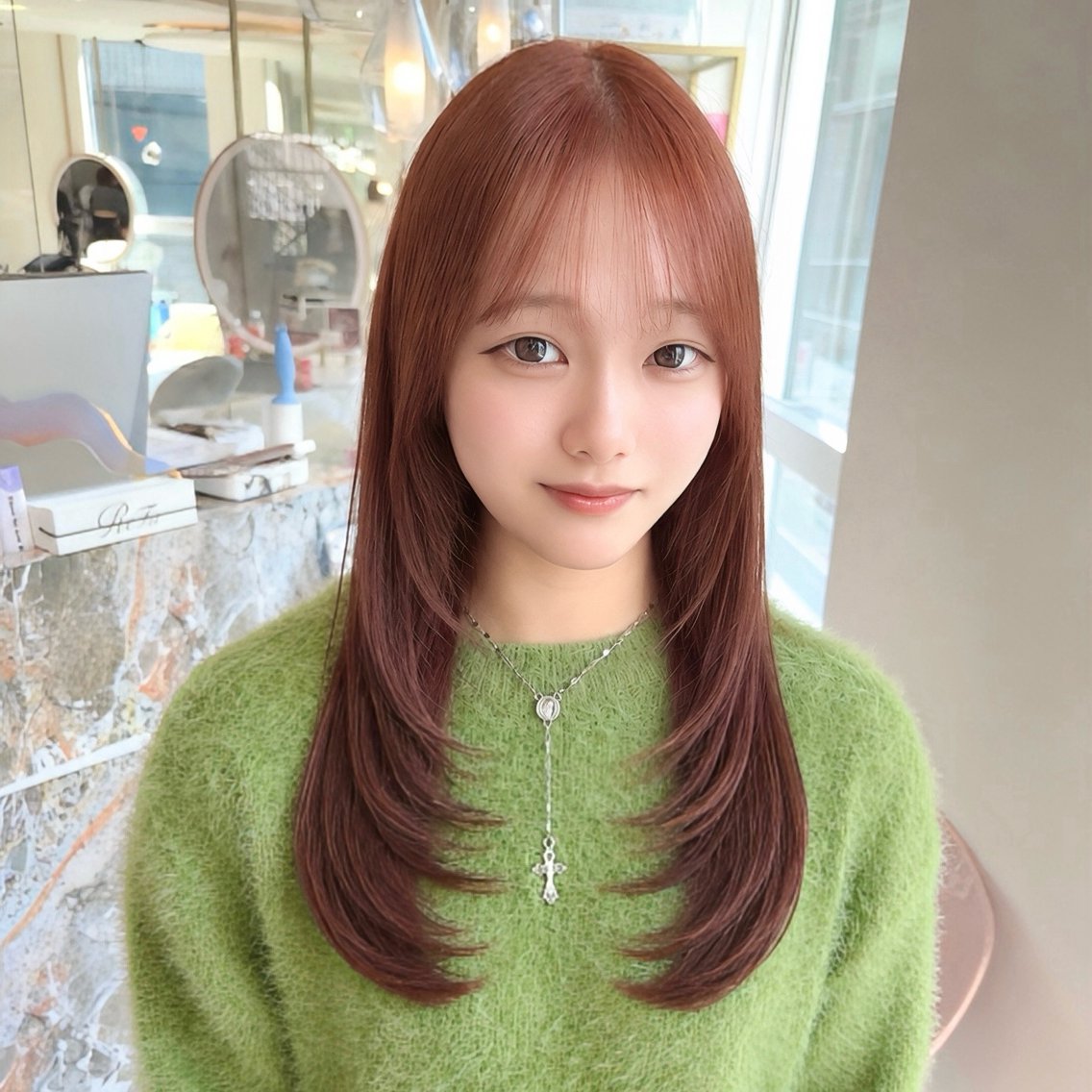 ロング オレンジブラウン 𝑚𝑖𝑤𝑎 / 顔周り/レイヤーのヘアスタイル