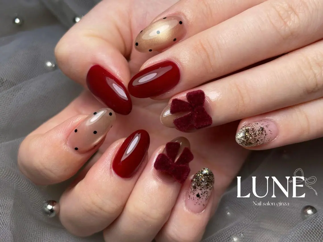 ネイル ボルドー リボン シンプルネイル ハンドネイル LUNE nail salon 銀座のネイルデザイン