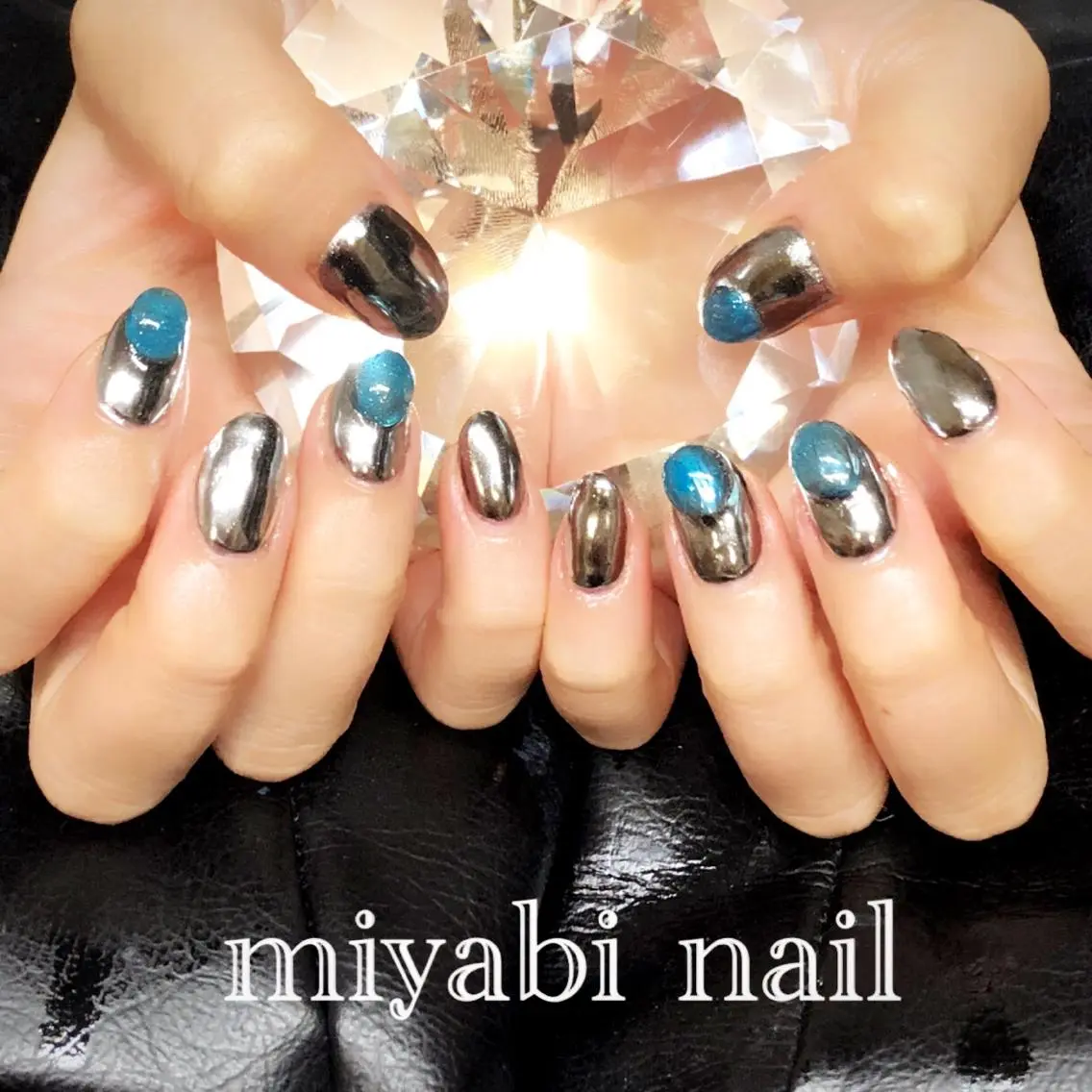 ネイル アートネイル ブルー クリアネイル ジェルネイル ミラーネイル ハンドネイル miyabi nail 桂川駅近くのネイルデザイン