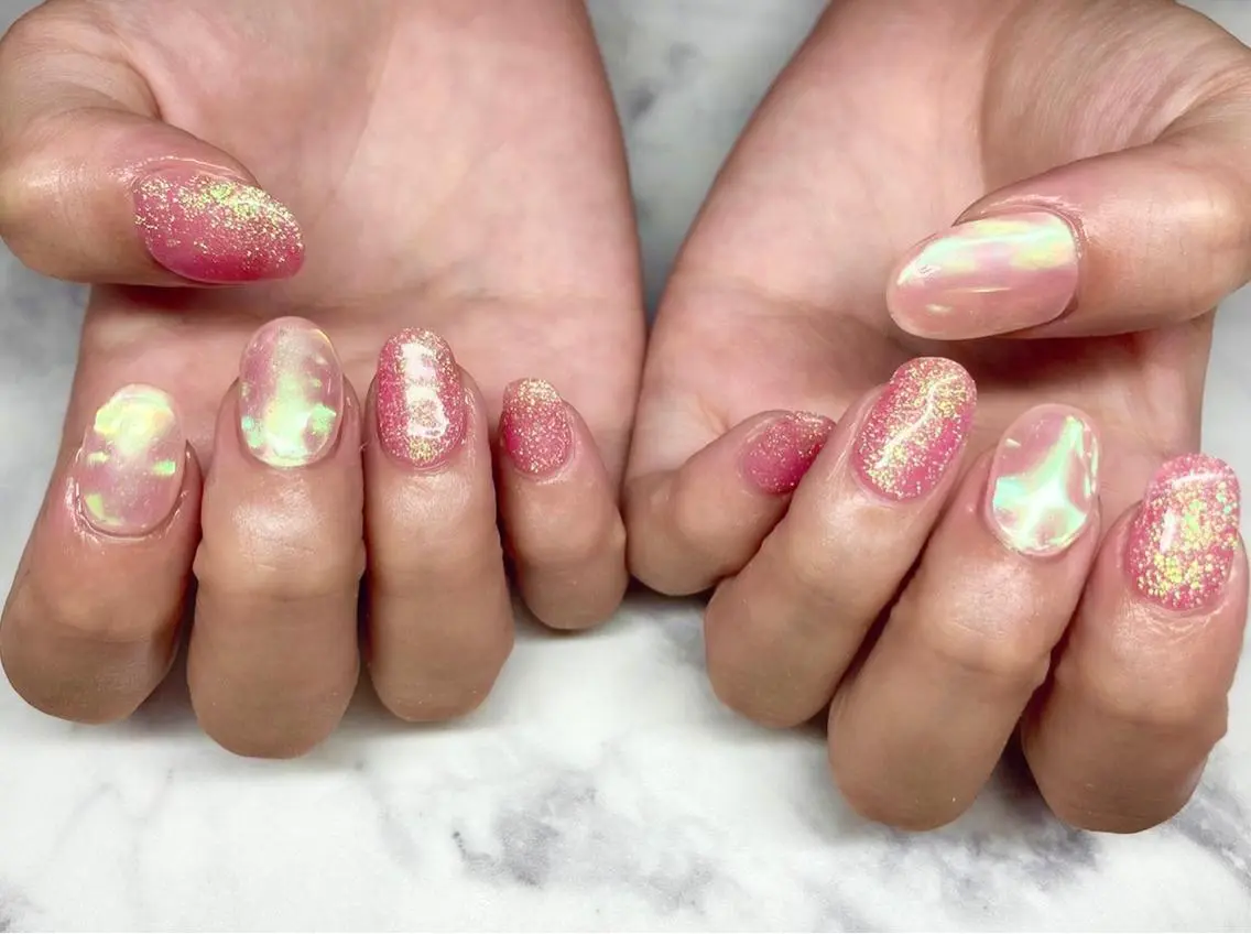 ネイル ジェルネイル 氷ネイル・うるうるネイル パラジェル 夏ネイル Nail&eye Belire 新宿のネイルデザイン