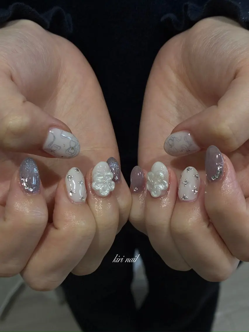 ネイル アートネイル フラワーネイル 持ち込み リボン ハンドネイル kiri nail キリネイルのネイルデザイン