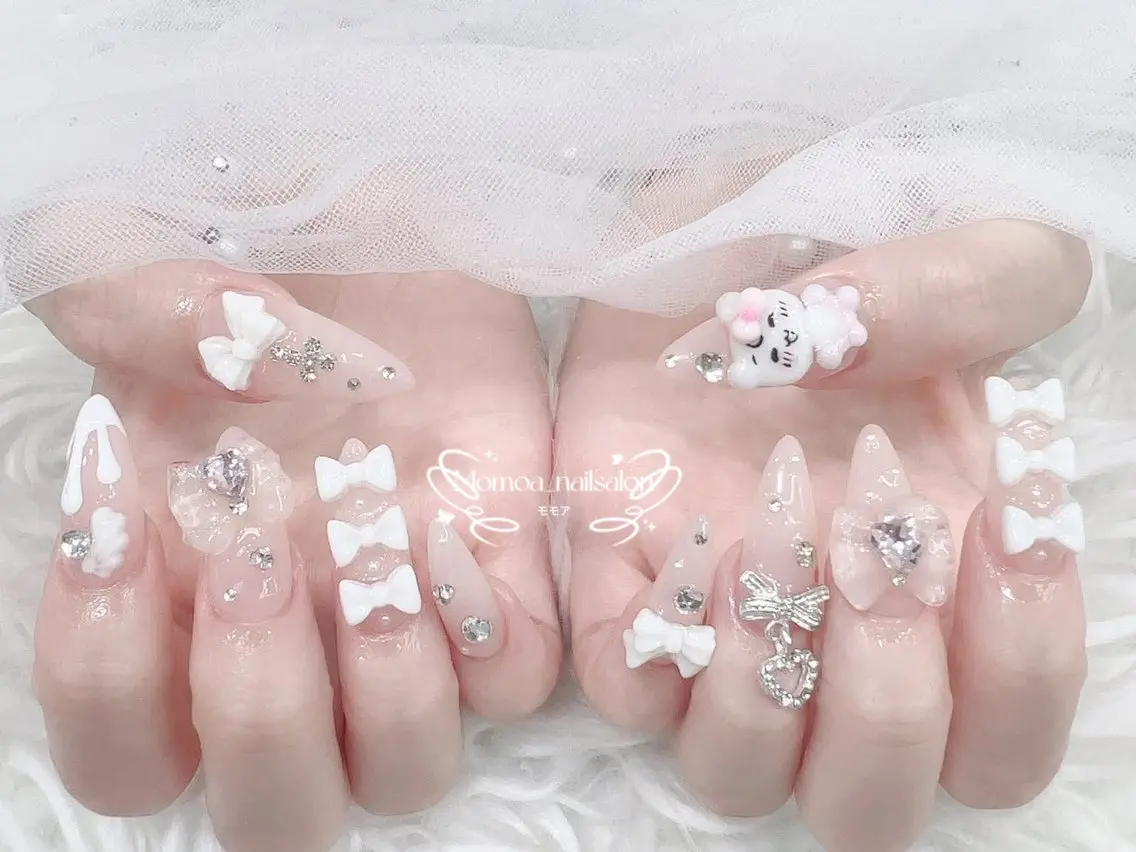 ネイル 成人式 大理石ネイル(マーブル) リボン 夏ネイル ネイルチップ ハンドネイル MoMoA Nail ネイル長さ出し専門店のネイルデザイン