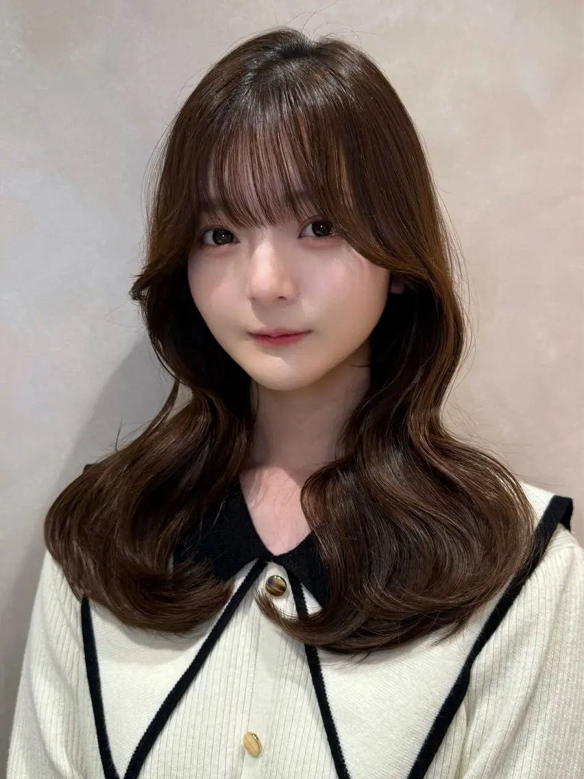 ロング 顔周りカット ヨシンモリ 韓国風ヘア レイヤーカット シースルーバング カット ヘアカラー トリートメント 韓国ヘア/レイヤー/ 前髪/髪質改善/石川のヘアスタイル