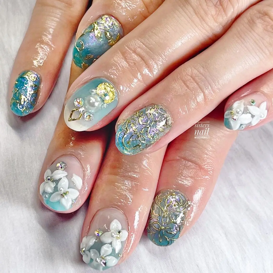 ネイル アートネイル ブルー フラワーネイル グラデーション ハロウィン sisters nail.fのネイルデザイン