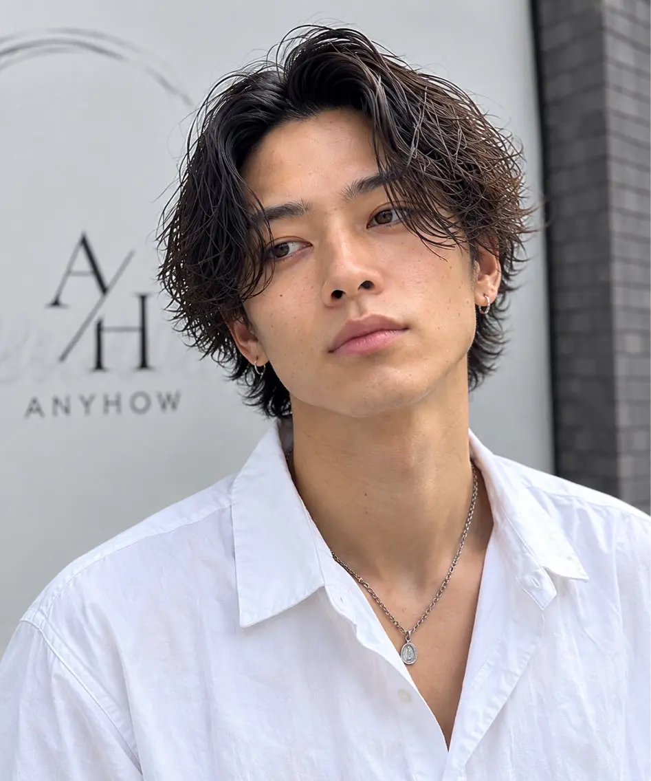 ミディアム パーマ メンズ センターパート 小顔カット 池田達也anyhow /店長のヘアスタイル