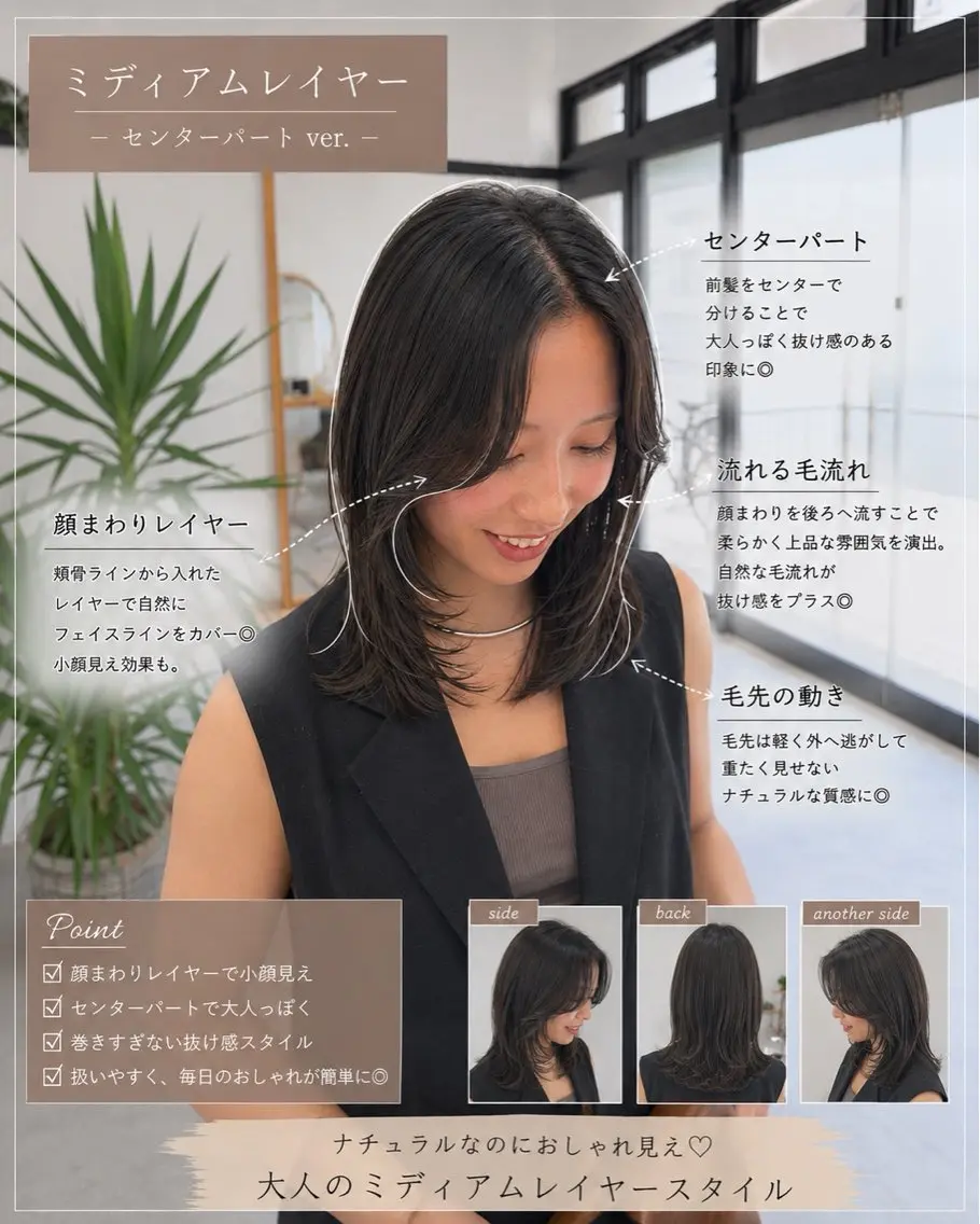 ミディアム カット ヘアカラー トリートメント ハッシュカット🏆/ レイヤー🏆/福本凌のヘアスタイル