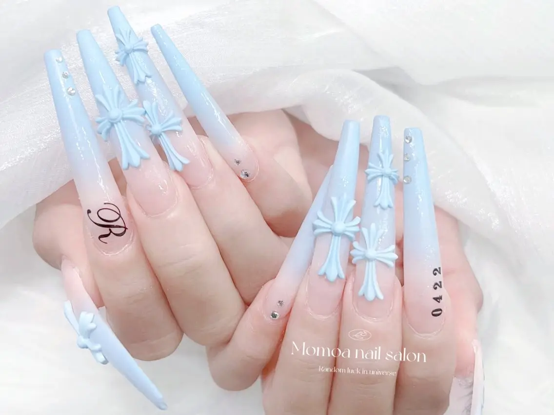 ネイル 成人式 大理石ネイル(マーブル) リボン 夏ネイル ネイルチップ ハンドネイル MoMoA Nail ネイル長さ出し専門店のネイルデザイン