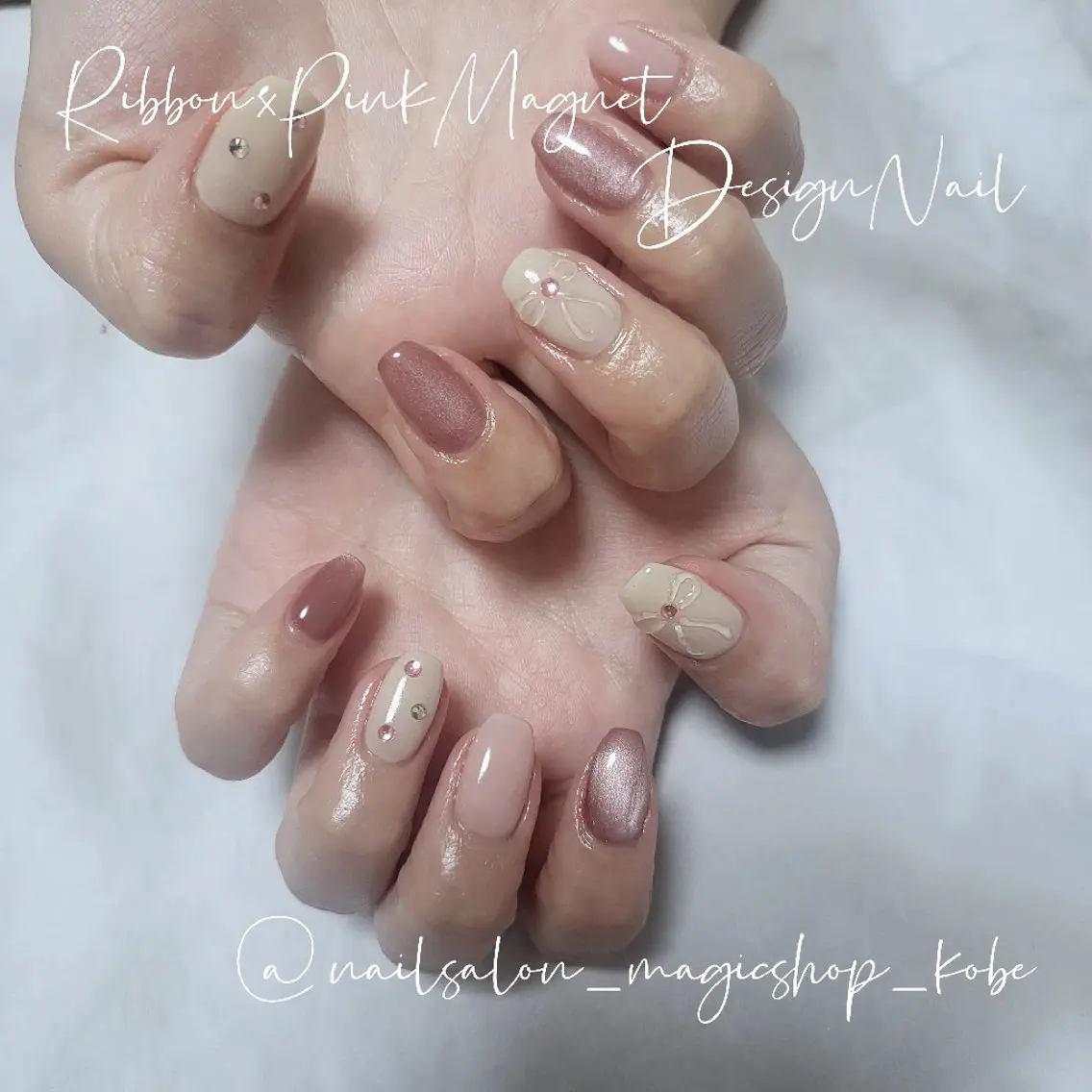 ネイル クリアネイル ジェルネイル マグネットネイル ピンク リボン ハンドネイル Nailsalon MagicShopのネイルデザイン
