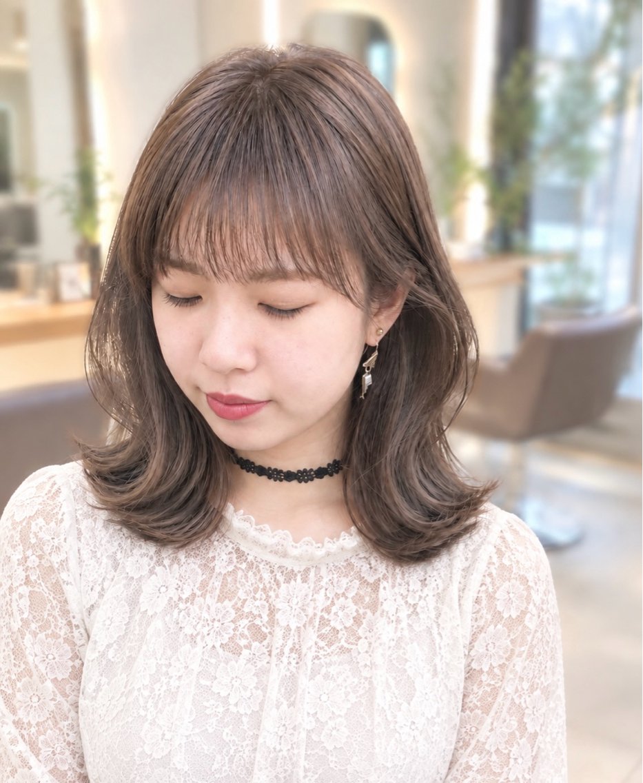 ミディアム カラー くびれヘア くびれレイヤー レイヤーカット 外ハネヘア カット ヘアカラー トリートメント 髪質改善×レイヤー カット 大西のヘアスタイル