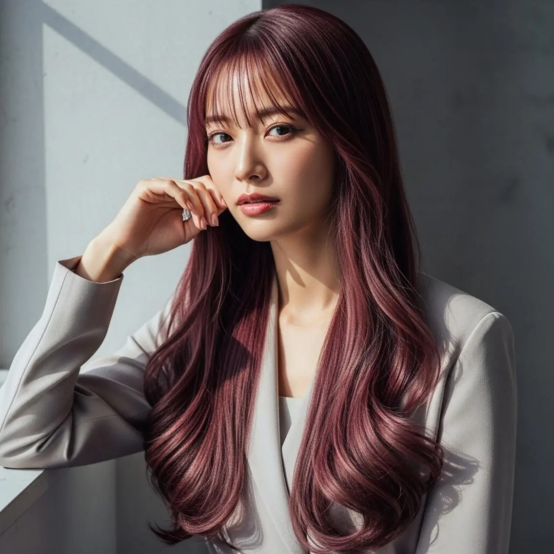 ロング カラー ロングレイヤー 透明感カラー レッドカラー 髪質改善 レイヤーカット ヘアカラー トリートメント ショートが上手い人/ 似合わせの達人/ロキのヘアスタイル