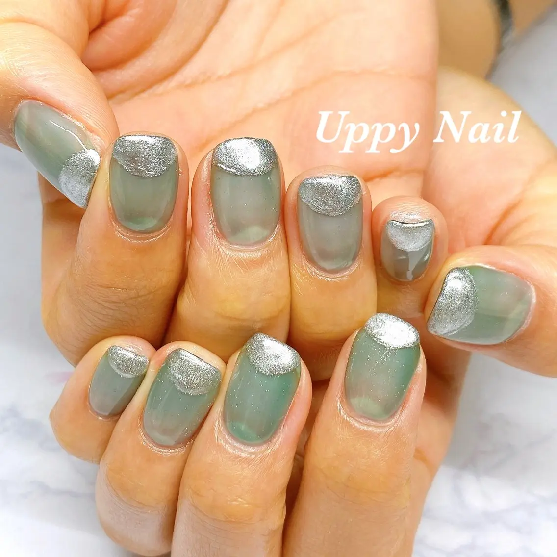 ネイル クリアネイル フレンチネイル グリーン ミラーネイル シルバー ハンドネイル Uppy Nail ukyoのネイルデザイン