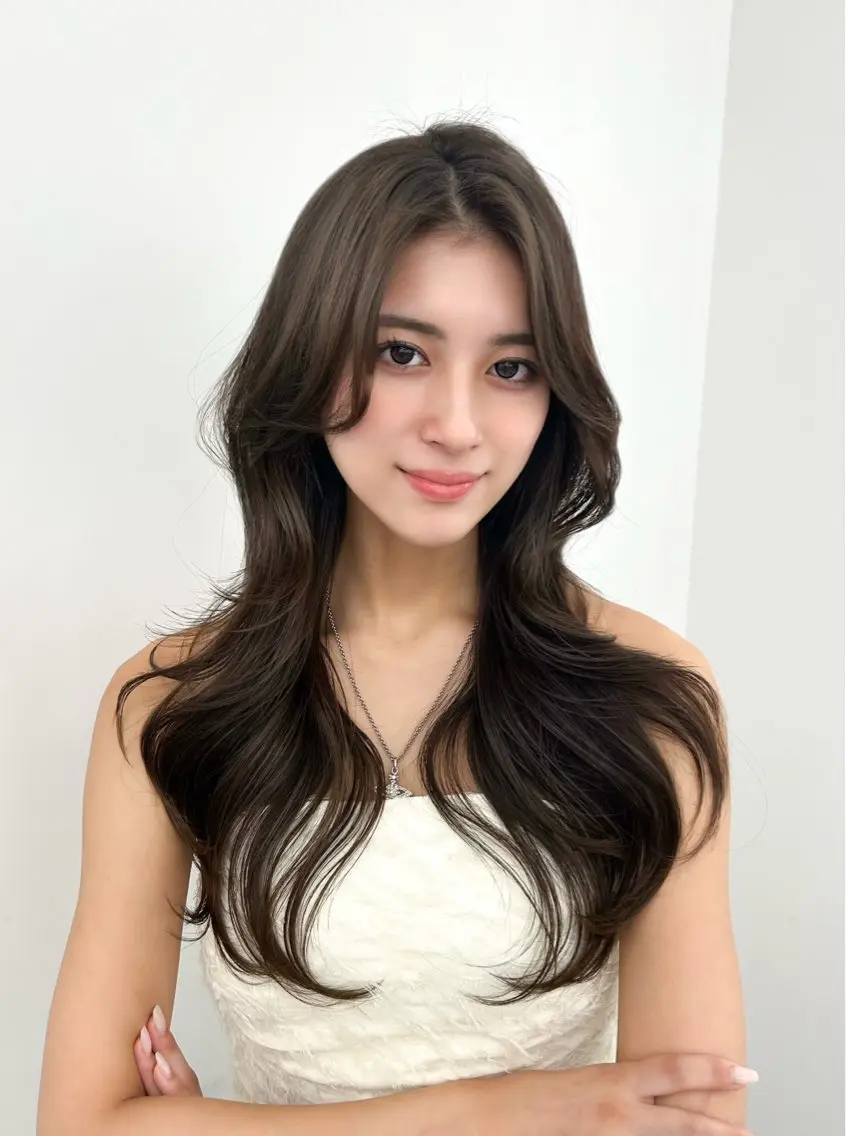 ロング カラー グレージュ レイヤーカット カット ヘアカラー トリートメント 韓国ヘア/顔周り ヘアセット/加藤優里のヘアスタイル