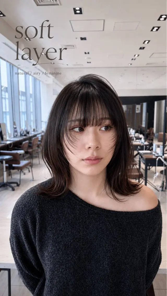 セミロング くびれヘア レイヤーカット シースルーバング 小顔カット カット トリートメント 透明感カラー/韓国レ イヤー/宮下知也のヘアスタイル