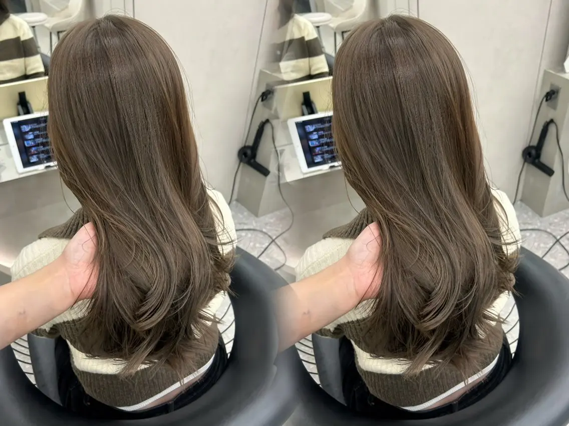 ロング カラー ブリーチ 透明感カラー グレージュ ブリーチなしカラー オリーブグレージュ ヘアカラー トリートメント 村上 大武のヘアスタイル