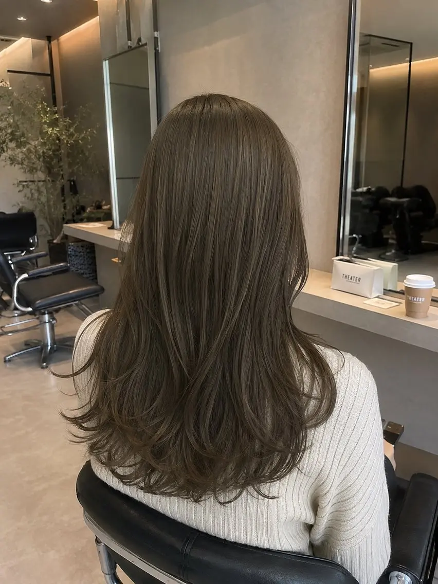 ロング カラー ヘアカラー トリートメント ヘッドスパ ヘアセット 💠透明感グレージュ /韓国風レイヤー💠のヘアスタイル