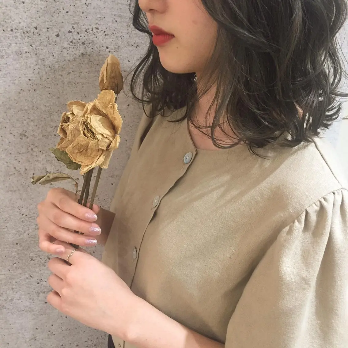 ミディアム カラー パーマ オリーブベージュ きょうかのヘアスタイル