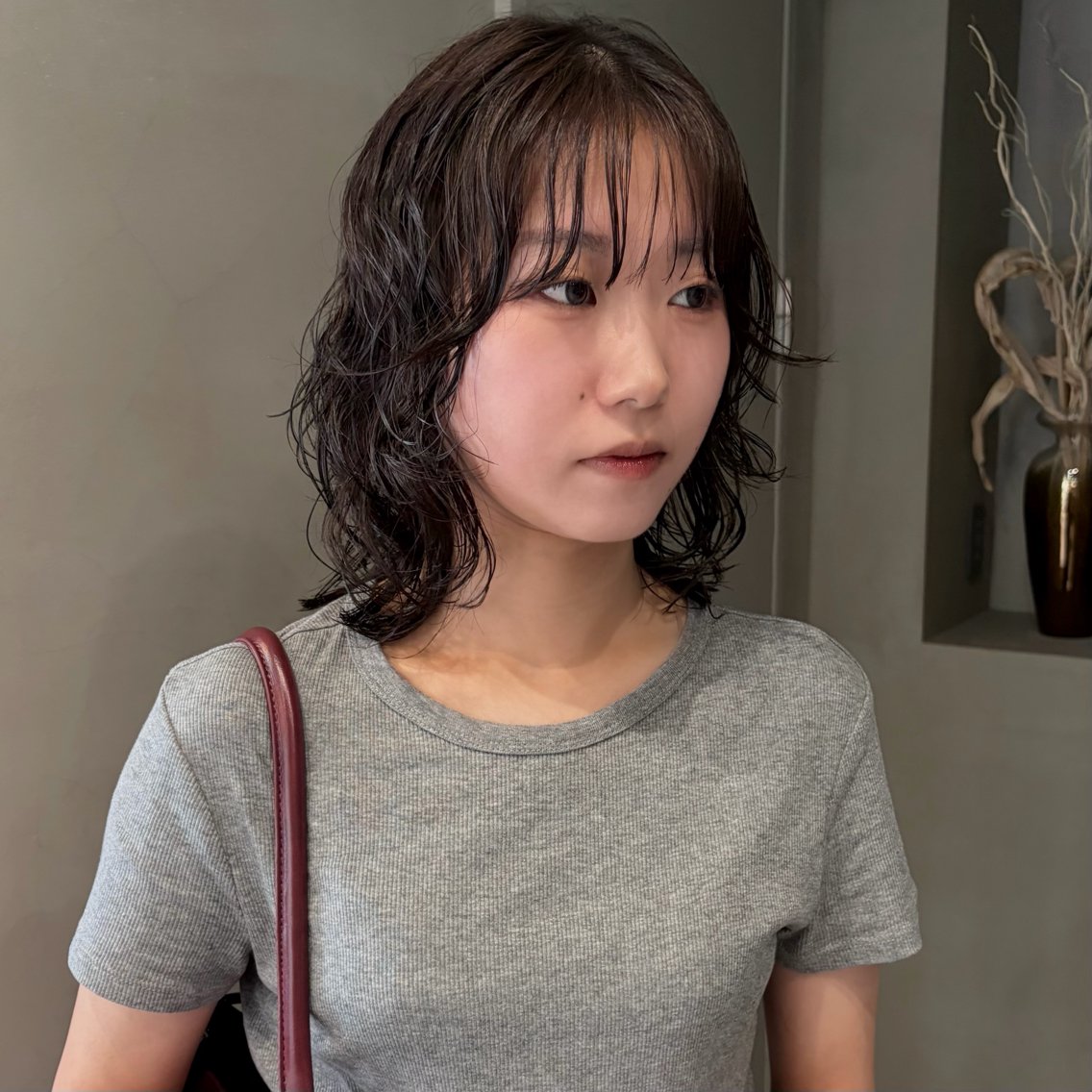ミディアム カラー パーマ ボブレイヤー ミディアムパーマ 透明感カラー ボブ レイヤーカット カット パーマ なな/ICI/レイヤ ーパーマ/上前津のヘアスタイル