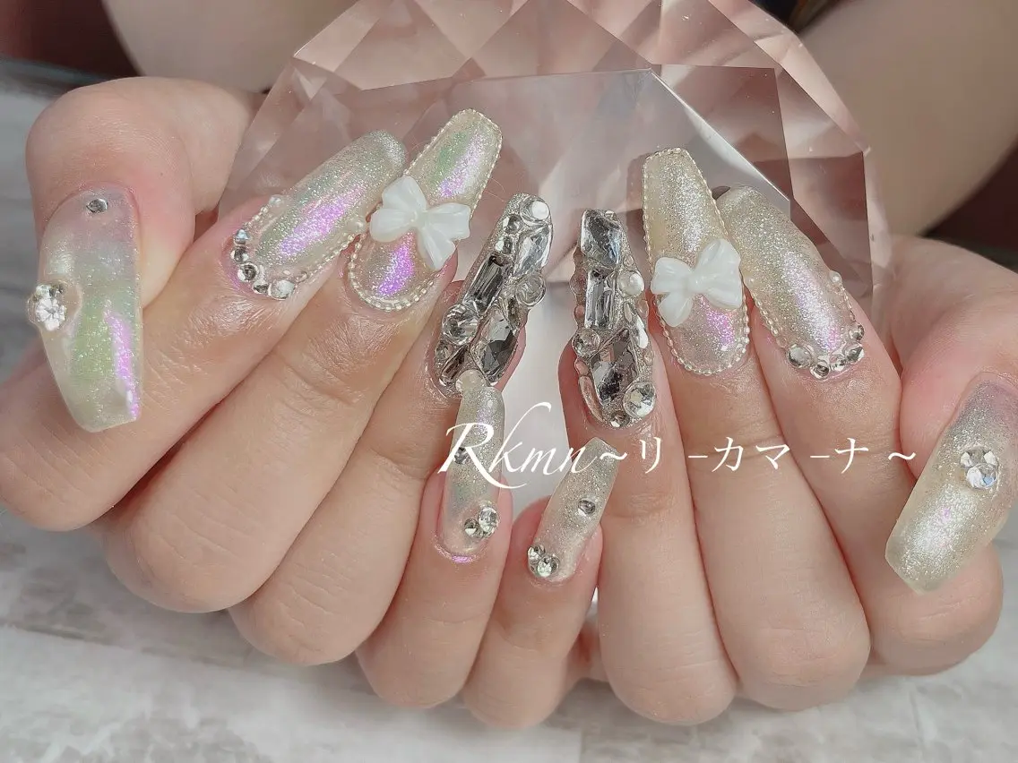 ネイル アートネイル オーロラネイル ラメ(グリッター) リボン 春ネイル ハンドネイル フットネイル ハンドケア Rkmn ~リ-カマ-ナ~のネイルデザイン