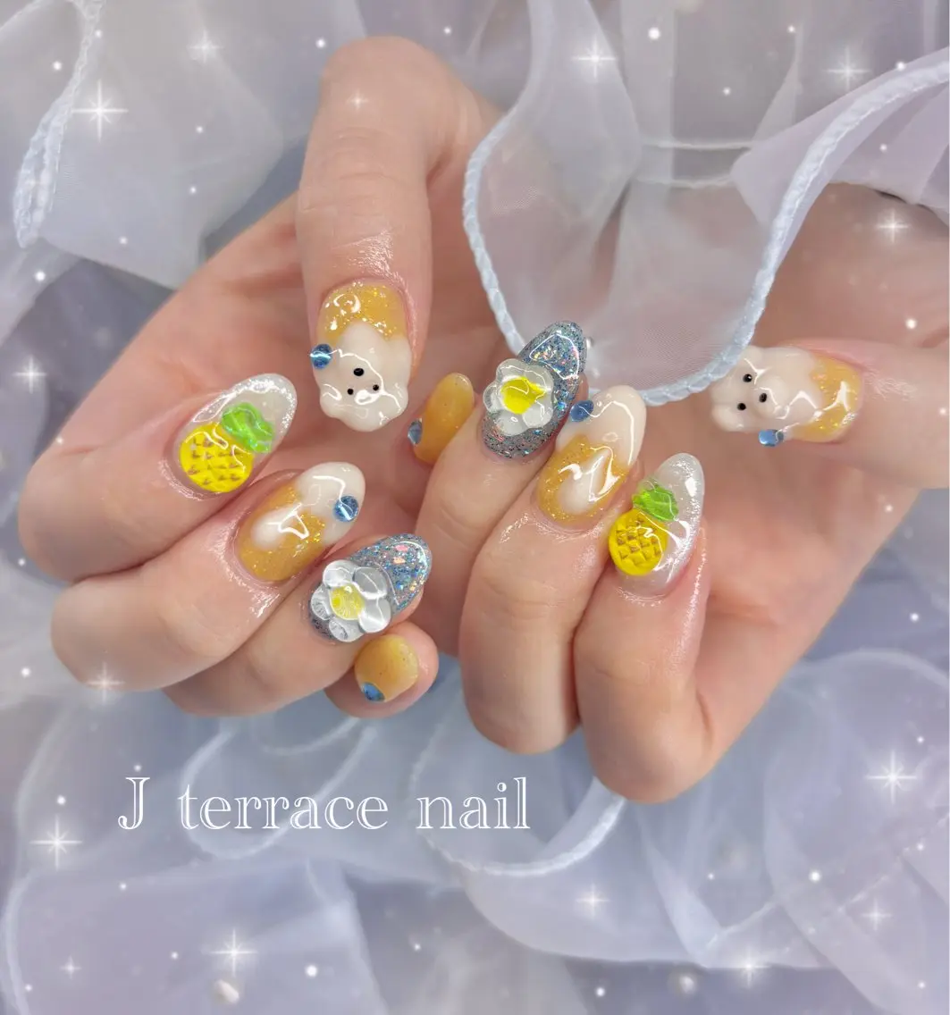 ネイル ハート 持ち込み リボン ストーンネイル J terrace Nailのネイルデザイン