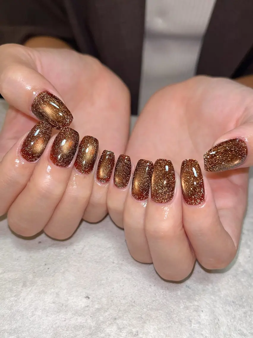 ネイル ブラウン フラッシュネイル フラッシュマグ マグネットネイル ニュアンスネイル ハンドネイル r.nailBY α 大阪福島区/岸本🧸のネイルデザイン