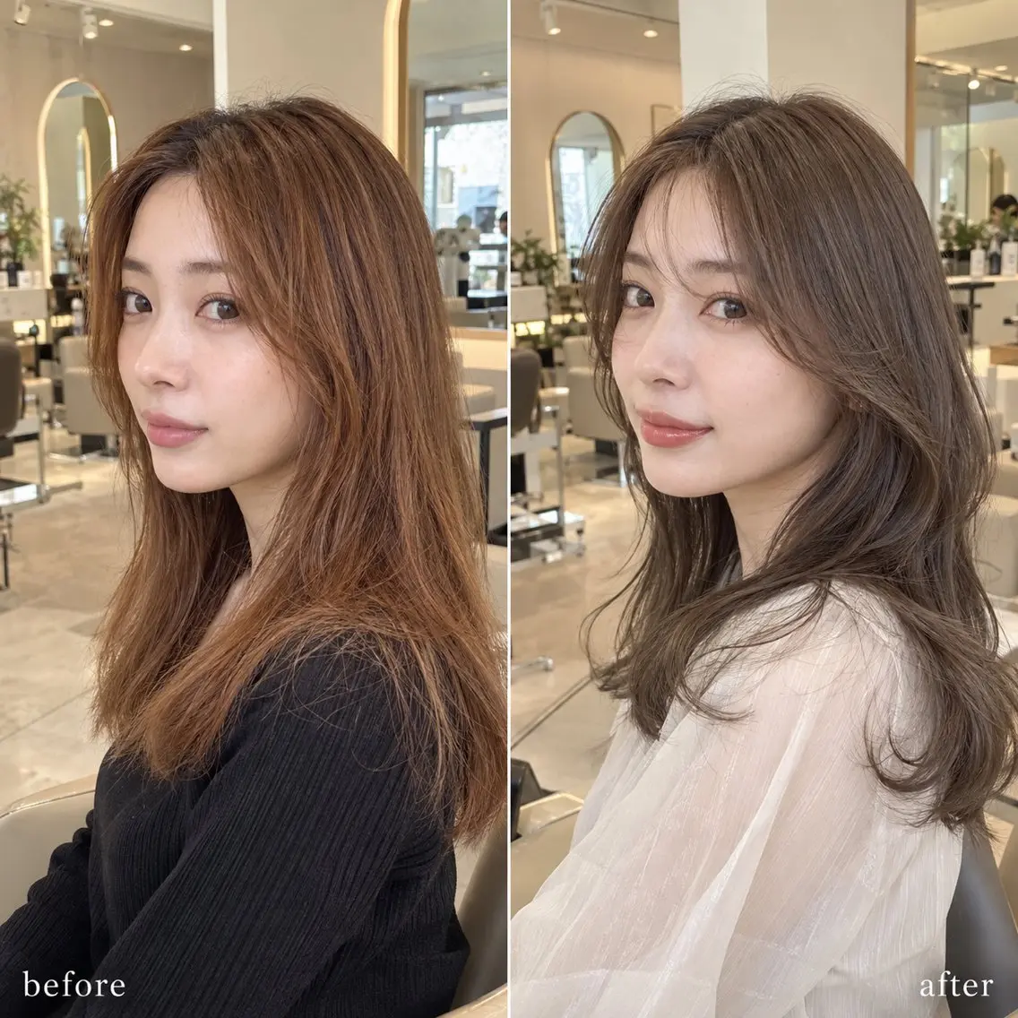 セミロング カラー 透明感カラー オレンジ レイヤーカット 顔周りレイヤー/透明 感カラー/難波雄雅のヘアスタイル
