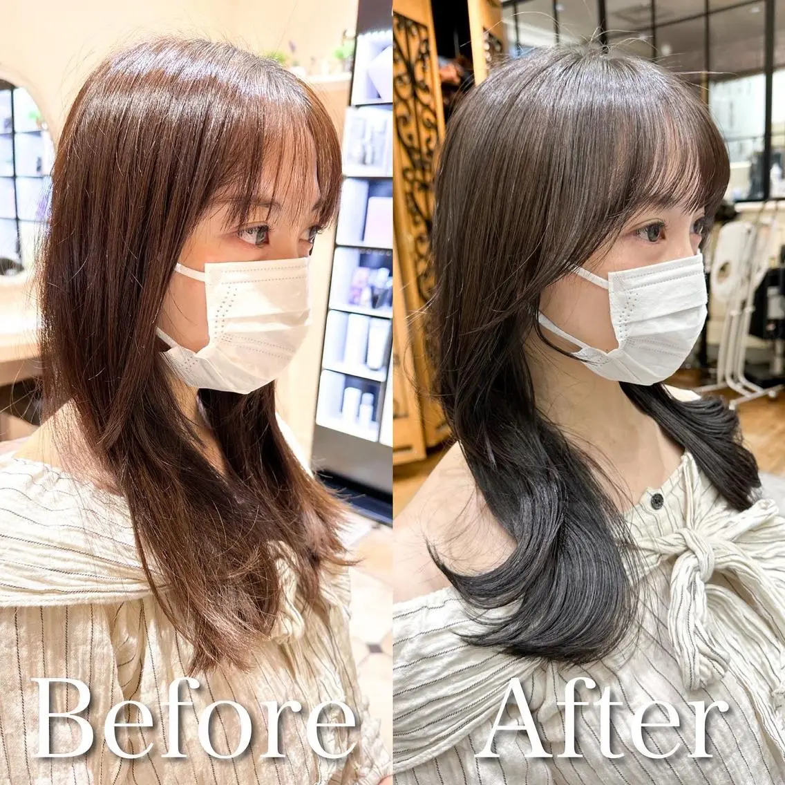 セミロング カラー ベージュカラー ブラウンカラー ブラウンベージュ くびれヘア 顔周りカット 顔周り/くびれヘア 韓国ヘア💕風間るなのヘアスタイル