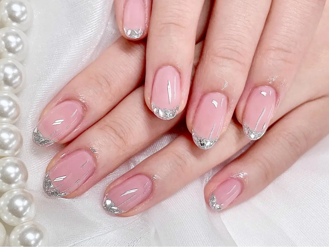 自爪💅クリアベースガラスフレンチ/ミラーフレンチ✨🤍¥7700の写真