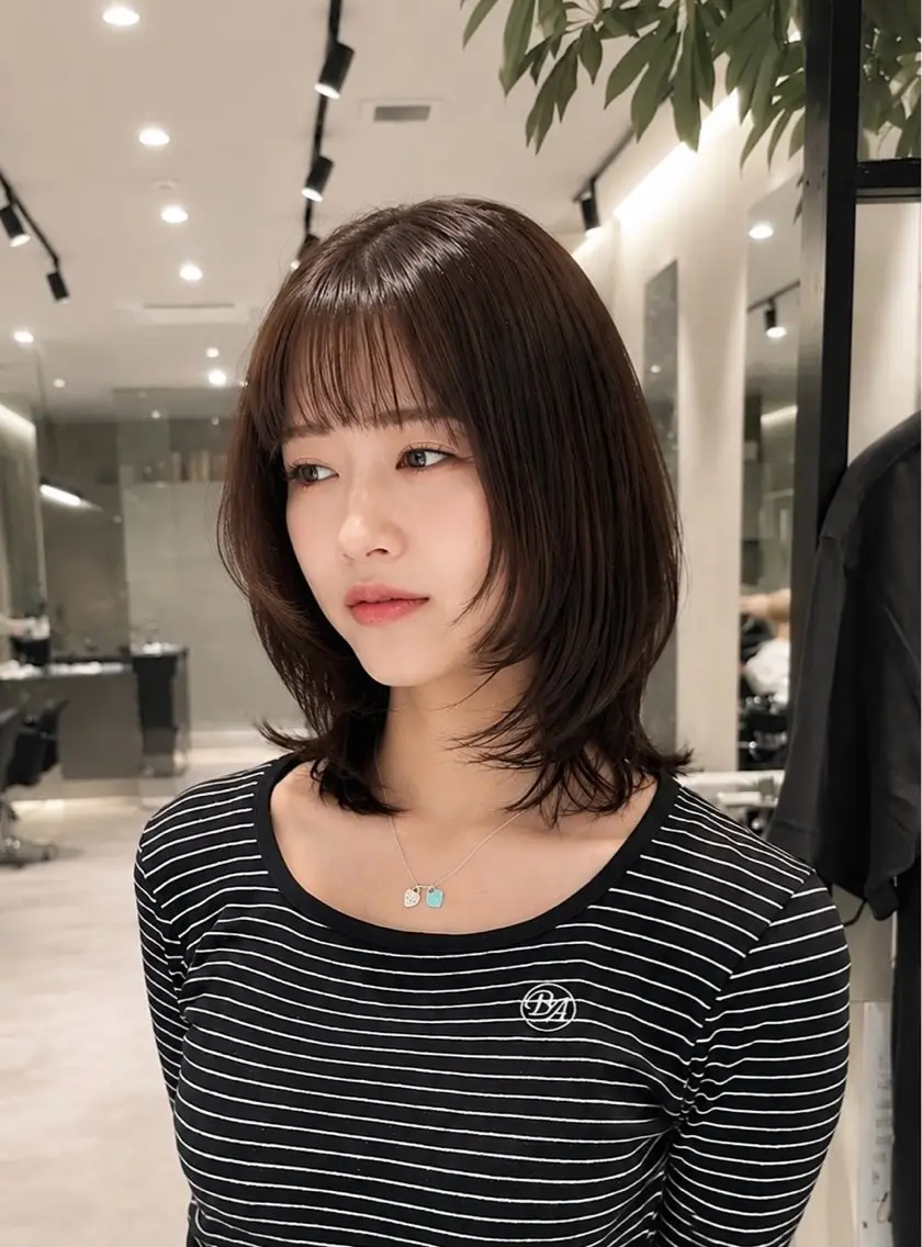 ミディアム カット ヘアカラー トリートメント 神戸レイヤーカット 顔周り／骨格診断のヘアスタイル