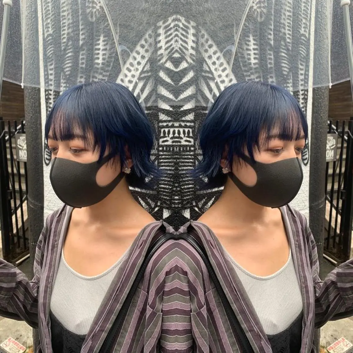ショート カラー ヘアアレンジ 黒髪 ブルーカラー ブルーブラック ウルフカット 🌈派手髪エクステ ブレイズ🌈ひろとのヘアスタイル