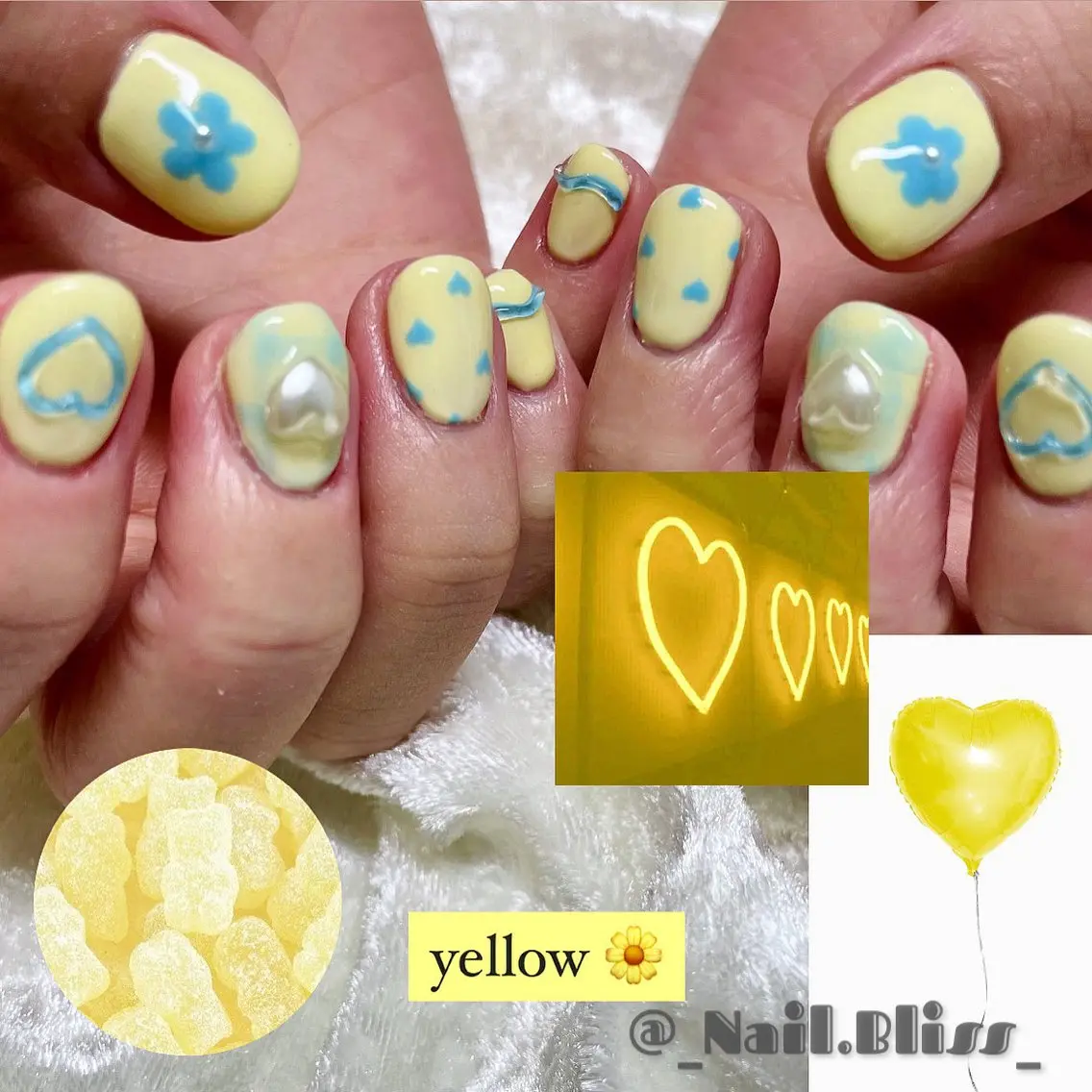ネイル 水色 黄色 ハンドネイル NAIL BLISSのネイルデザイン