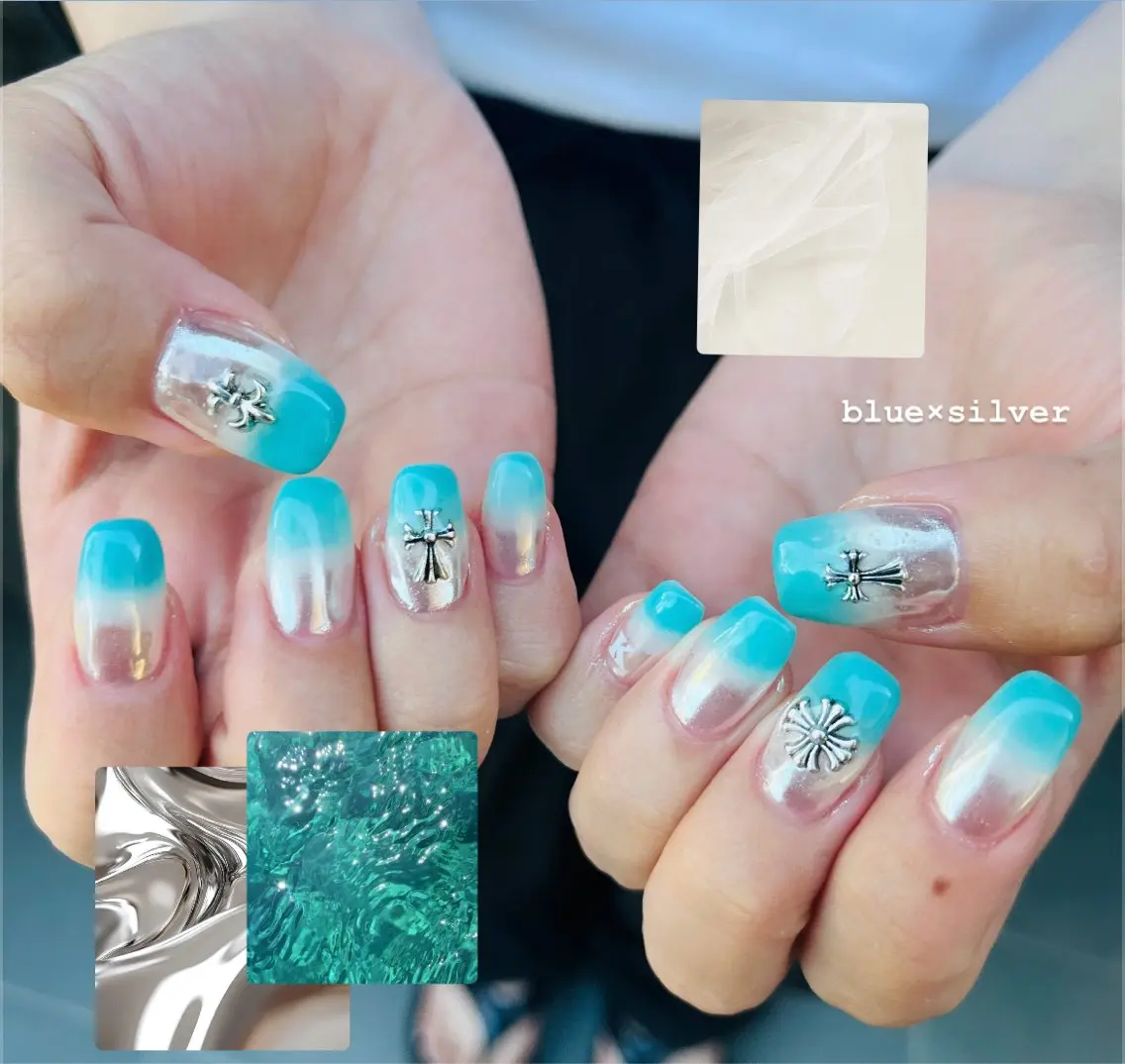 ネイル ブルー シルバー ハンドネイル HazeGrass NAILのネイルデザイン
