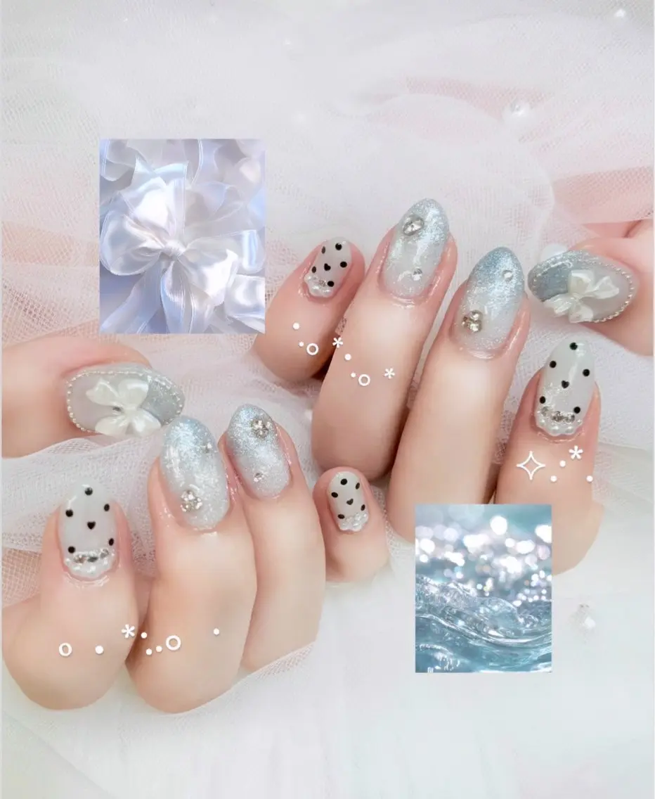 ネイル ブルー ドット ラメ(グリッター) マグネットネイル リボン Hal nail立川 *yuunaのネイルデザイン