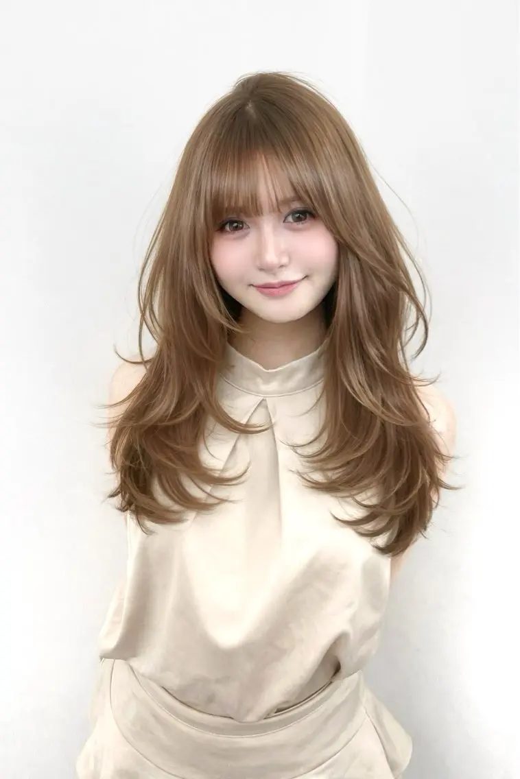 ロング カラー アッシュ ベージュカラー ブリーチ ブラウンカラー ブラウンベージュ カット ヘアカラー トリートメント ヘッドスパ 盛れる顔周り✨韓国式 レイヤーkanatoのヘアスタイル