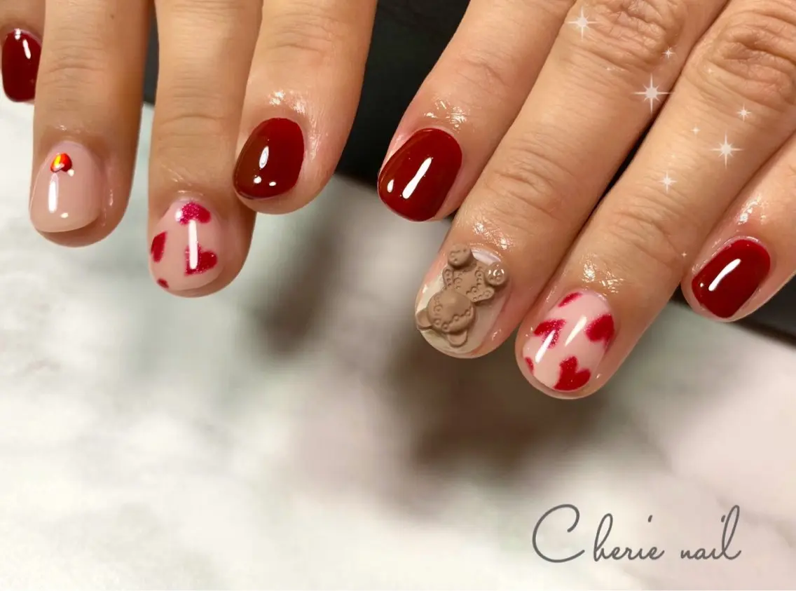ネイル ジェルネイル ハート バレンタイン Cherienail yunaのネイルデザイン