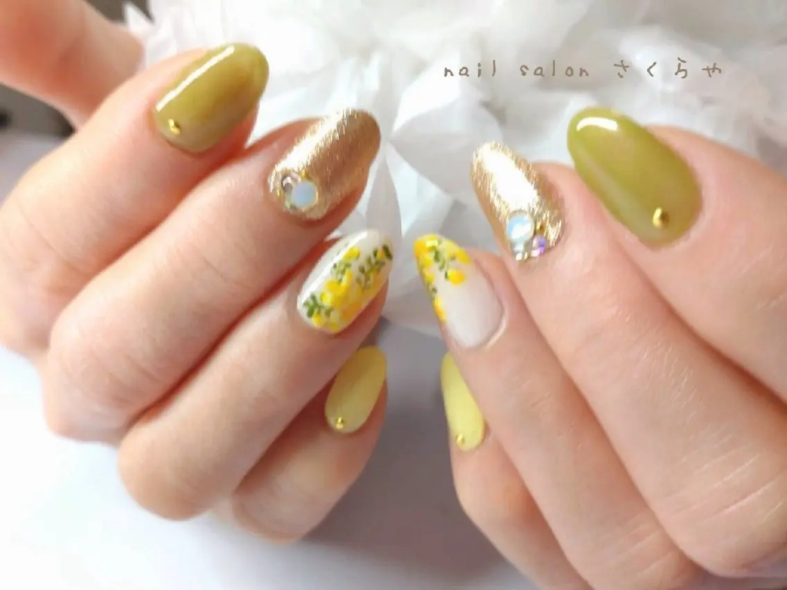 ネイル 長さ出し スカルプネイル 黄色 さくらや❤ パラジェル使用のネイルデザイン