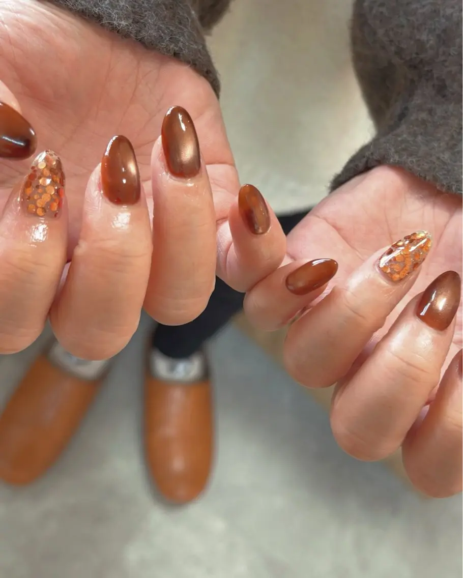 ネイル ブラウン ジェルネイル キラキラネイル マグネットネイル ニュアンスネイル ハンドネイル tamu nail 金町のネイルデザイン