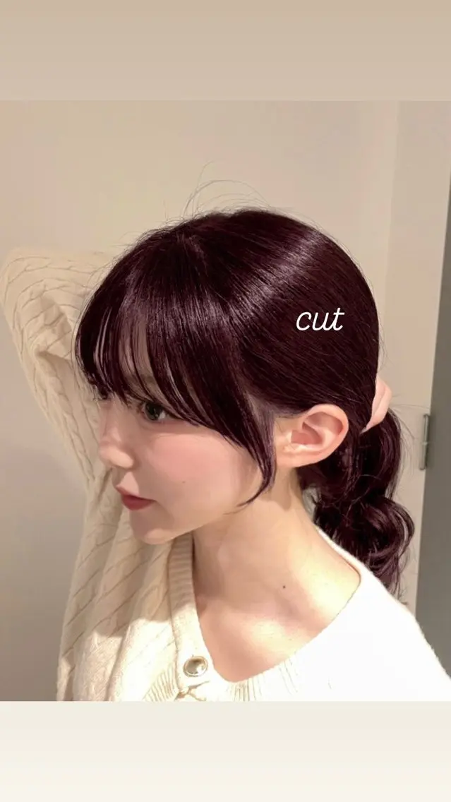 ミディアム カラー ヘアアレンジ ボルドーカラー 顔周りカット 韓国風ヘア 小顔カット カット ヘアカラー トリートメント 田邉 偉楓のヘアスタイル