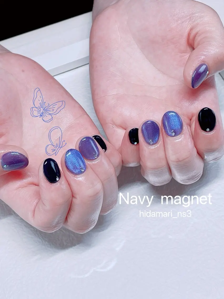 ネイル ブルー マグネットネイル ネイビー パープル ハンドネイル NailSalon ひだまりのネイルデザイン