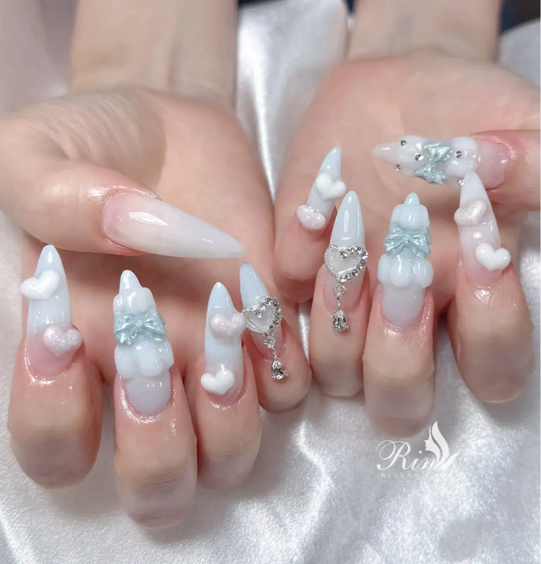 ネイル アートネイル 長さ出し ガーリー 韓国ネイル 持ち込み Rin Nail 新大久保店のネイルデザイン