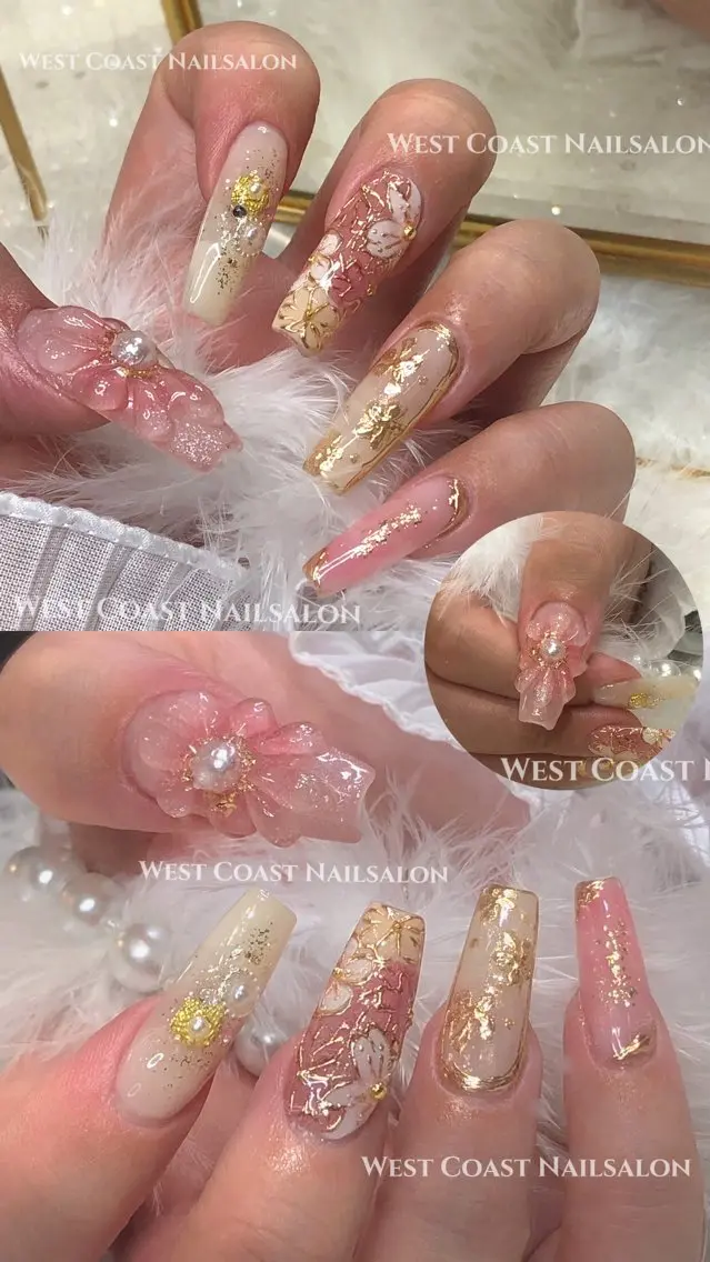ネイル アートネイル 成人式 フラワーネイル ぷっくりネイル 春ネイル リボン、ガーリー パーツ放題専門店のネイルデザイン