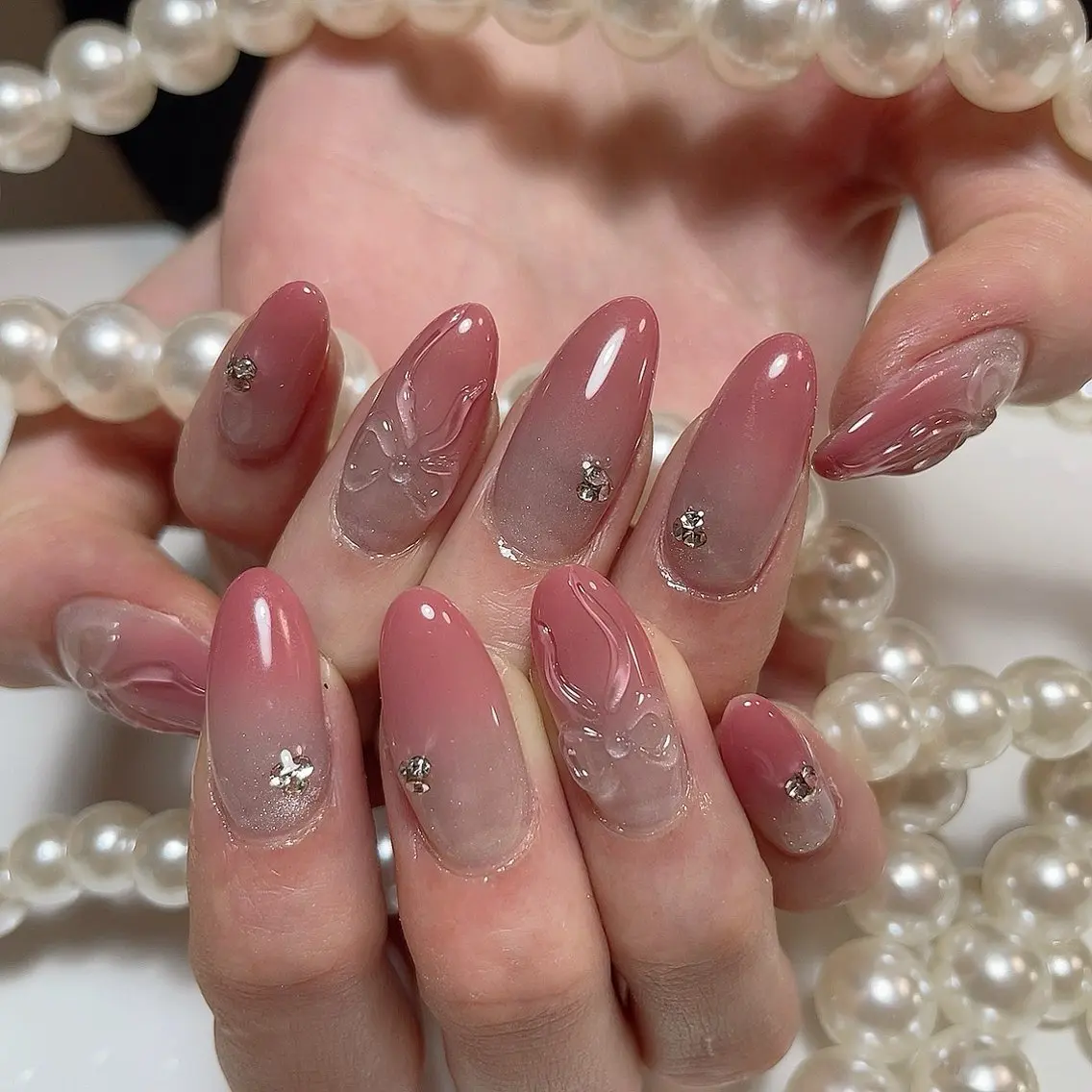 ネイル グラデーション マグネットネイル リボン 春ネイル ハンドネイル Lucky nail salonのネイルデザイン