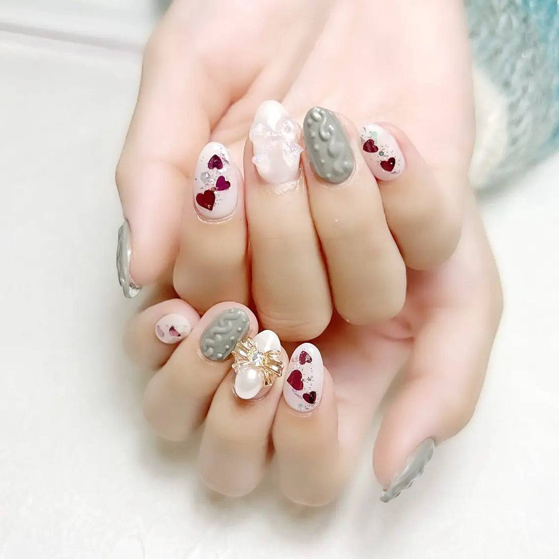 ネイル ハート リボン 冬ネイル rouse nail RISATOのネイルデザイン