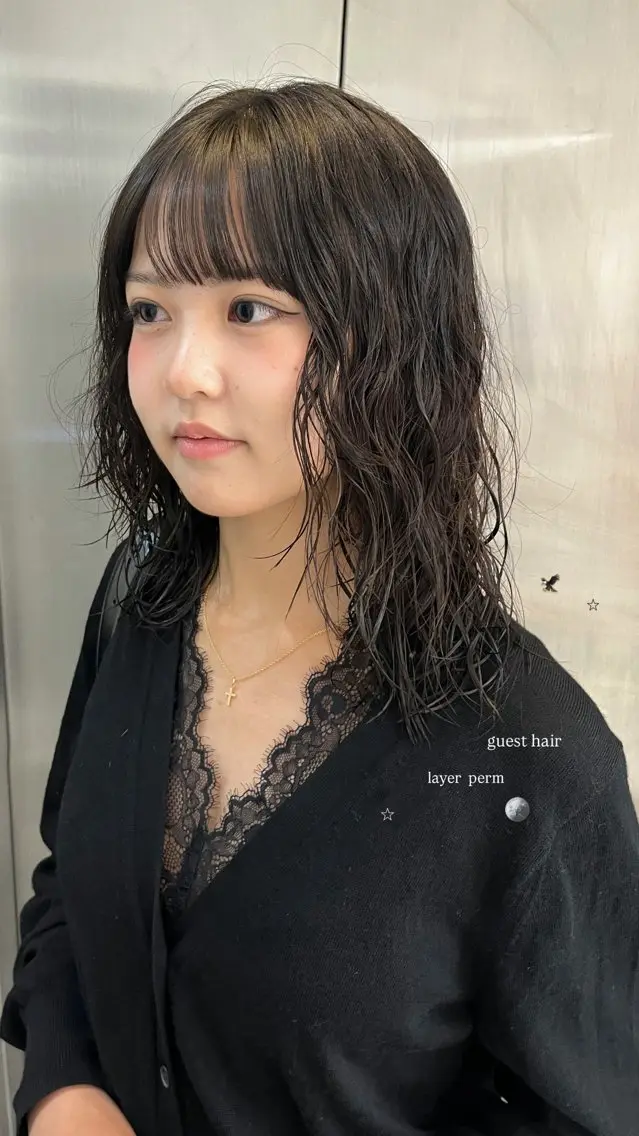 ミディアム パーマ カット ヘアカラー レイヤーパーマ/ ボブパーマ/モモカのヘアスタイル