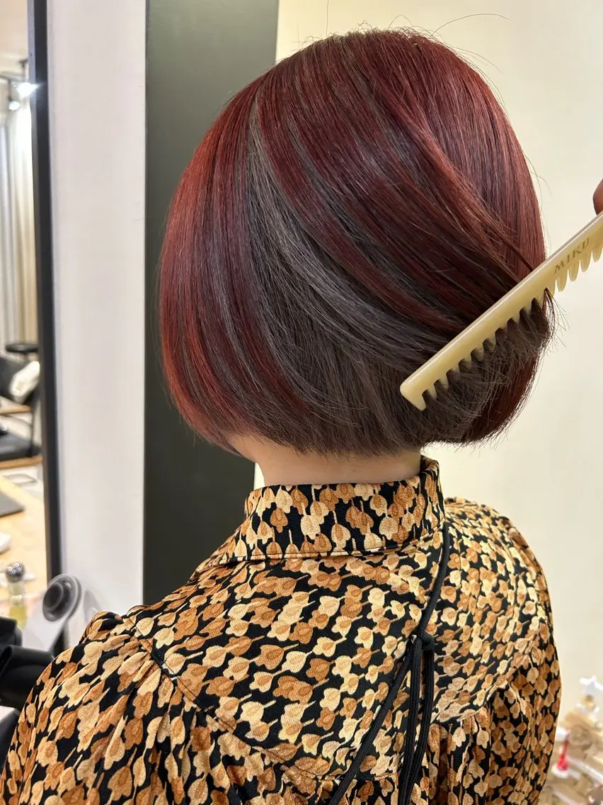 ショート カラー デザインカラー グレージュ レッドカラー カット ヘアカラー トリートメント hubhair レイヤー/透明感のヘアスタイル