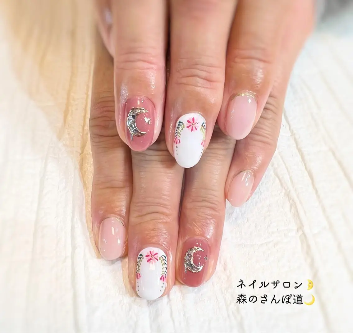 ネイル ハンドネイル ショートネイル 森のさんぽ道のネイルデザイン