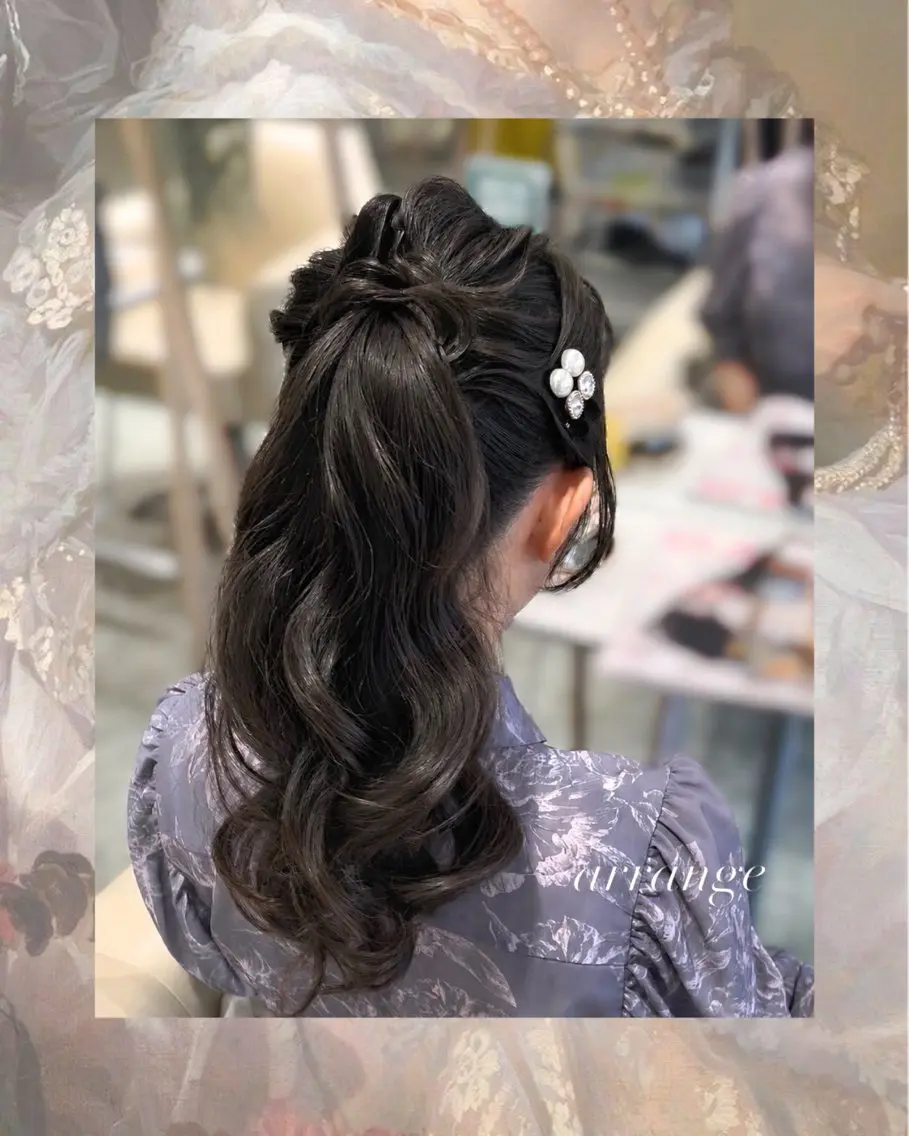 ヘアアレンジ ハーフアップ ポニーテール 結婚式・ブライダル デート ꧁꒰ঌ奈菜美໒꒱꧂ 箕面美容室のヘアスタイル