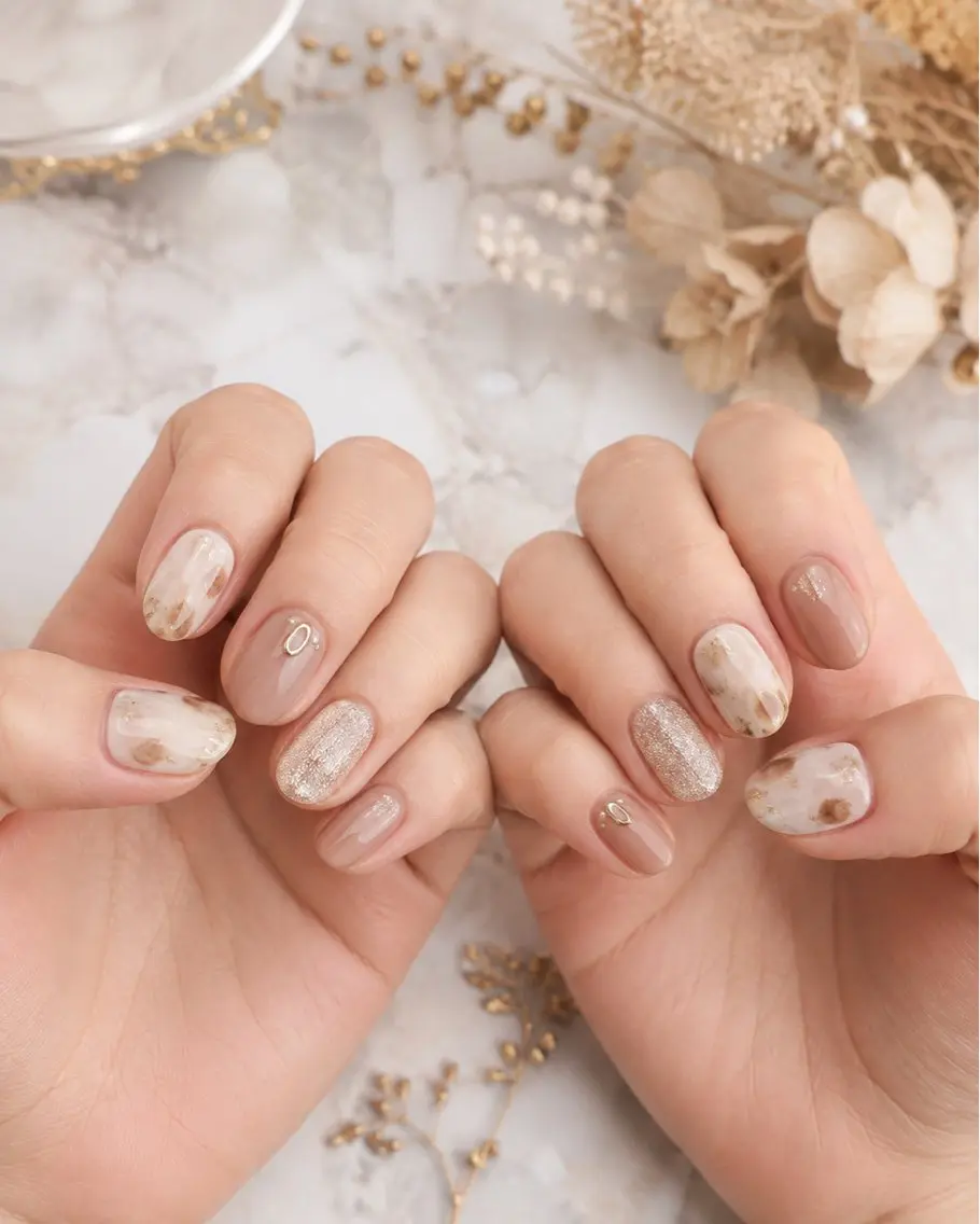 ネイル べっ甲ネイル ニュアンスネイル ショートネイル ホワイト Nail salon Ka pilinaのネイルデザイン