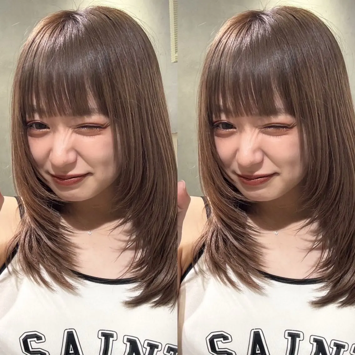 ミディアム カラー ミディアムレイヤー グレージュ くびれヘア 顔まわりレイヤー 顔周りカット 山崎/ボブ縮毛矯正 レイヤー髪質改善のヘアスタイル