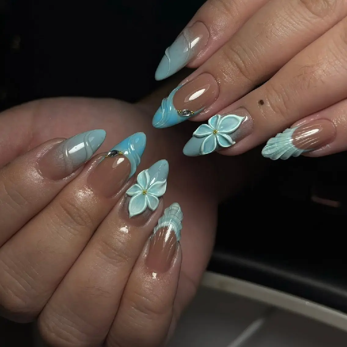 ネイル 氷ネイル・うるうるネイル マットネイル ニュアンスネイル リボン 夏ネイル ハンドネイル rina nailのネイルデザイン