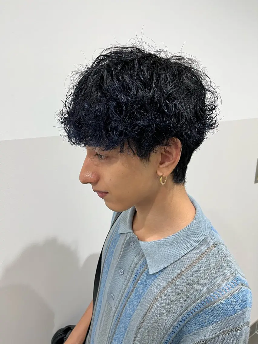 カラー パーマ メンズ メンズパーマ 黒髪 ブルーカラー ブルーブラック ヘアカラー トリートメント Ken 曲がる縮毛矯正/韓国のヘアスタイル